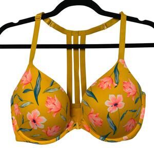 Pink by Victoria's Secret Yellow Floral Underwire Racerback Bra Size 34DD